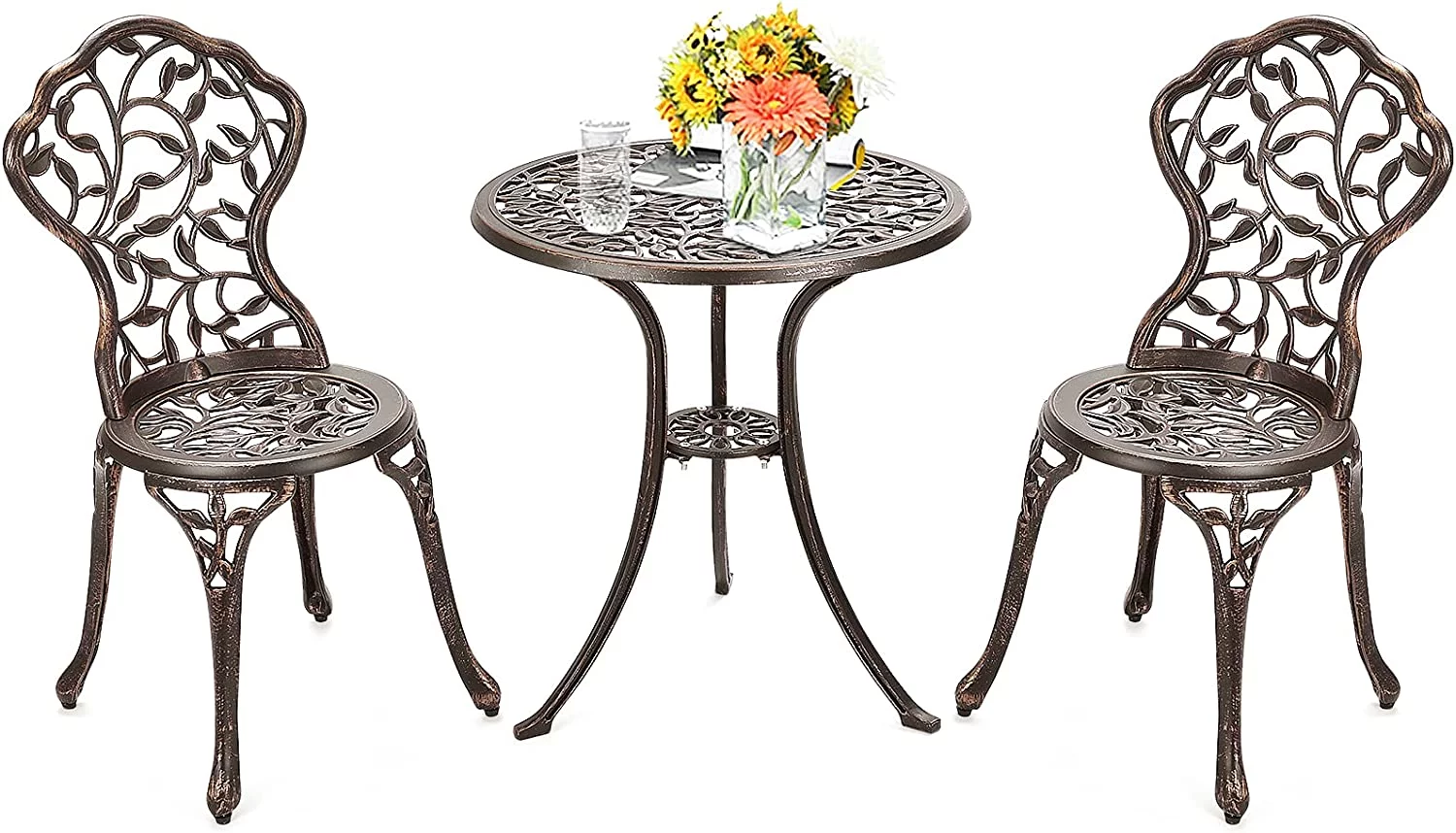 3 Pieces Outdoor Bistro Set, Patio Furniture Set with Rust-Resistant Cast Aluminum Frame, Outdoor Table and Chairs Furniture for Balcony Backyard Garden & Poolside