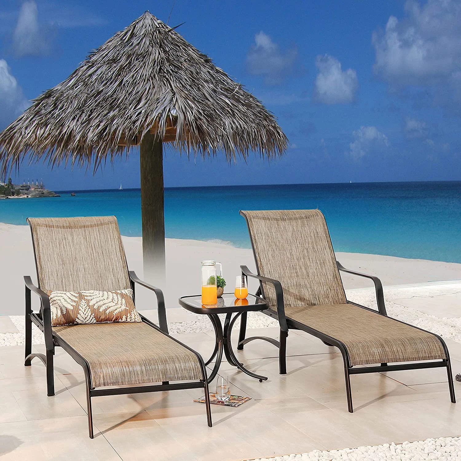 Outdoor Patio Adjustable Metal Chaise Lounge Chair Recliner Set of 2 with 1 Glass Top Bistro Table, Grey