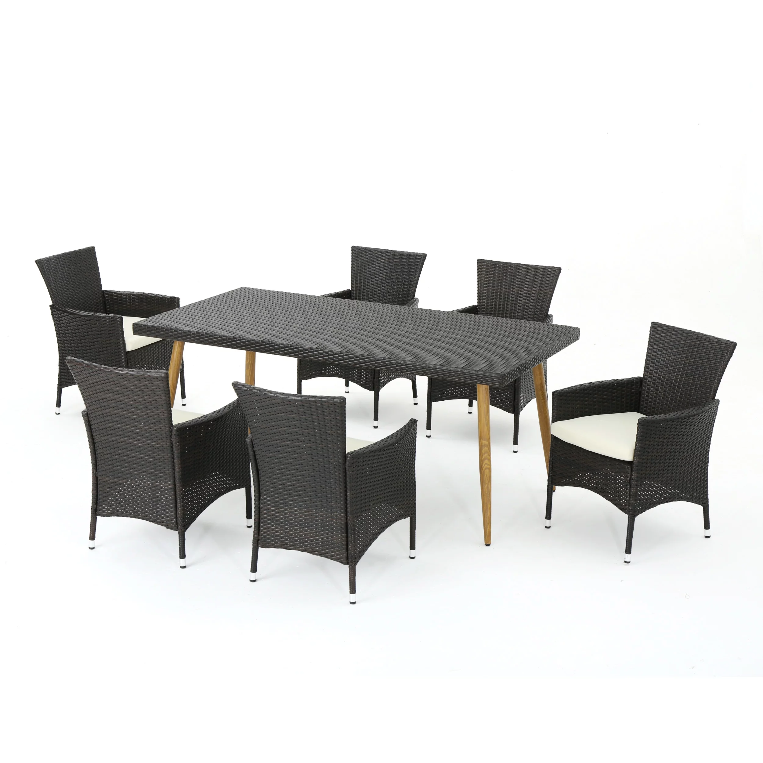 Outdoor 7 Piece Wicker Dining Set with Cushions,Beige,Multibrown