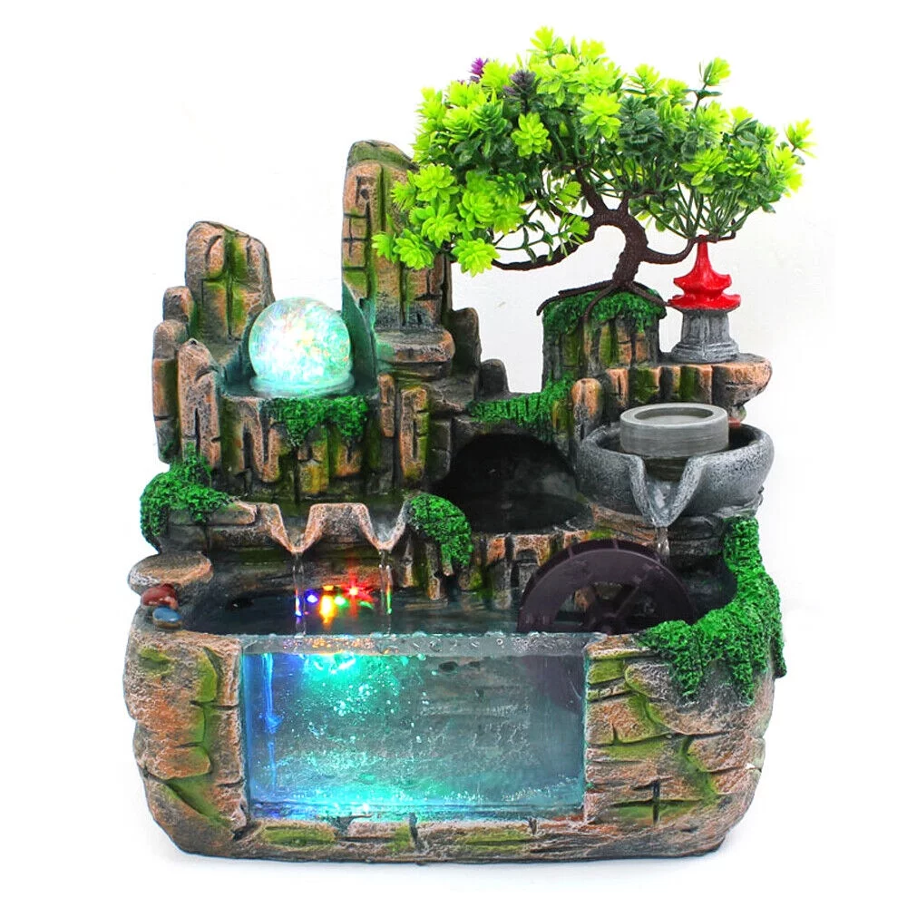 DENEST Resin Rockery Indoor Feng Shui Atomizing Waterfall Landscape Decorat Humidifier