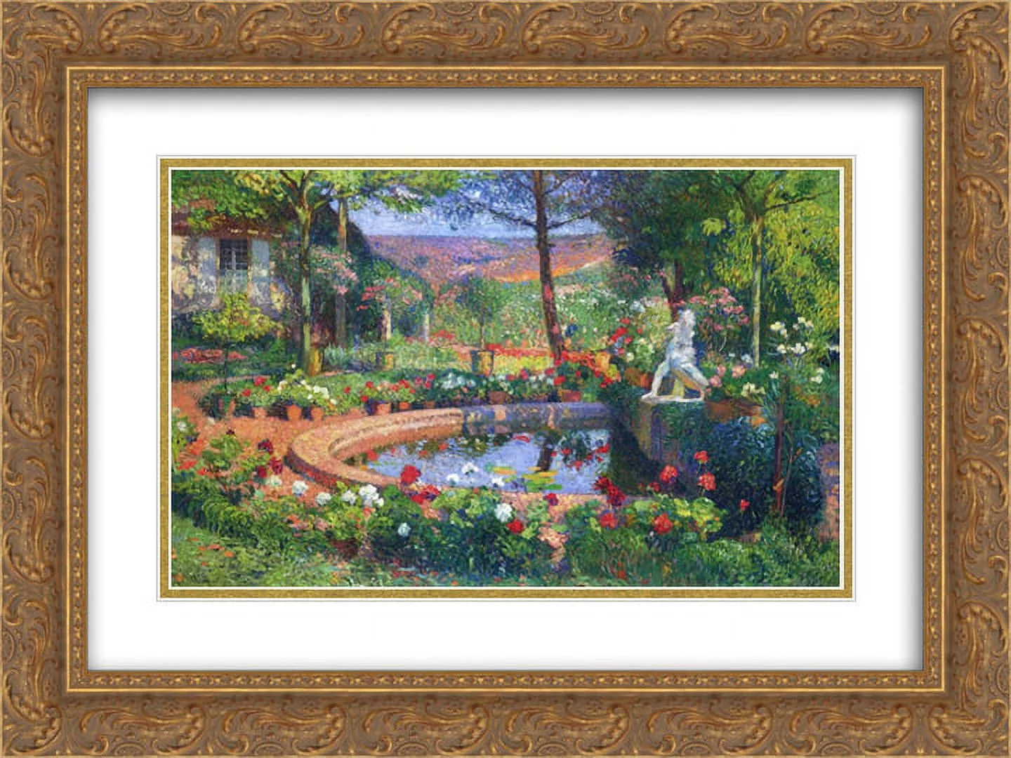 Henri Martin 2x Matted 24x18 Gold Ornate Framed Art Print 'Fountain in the Park Marquayro'