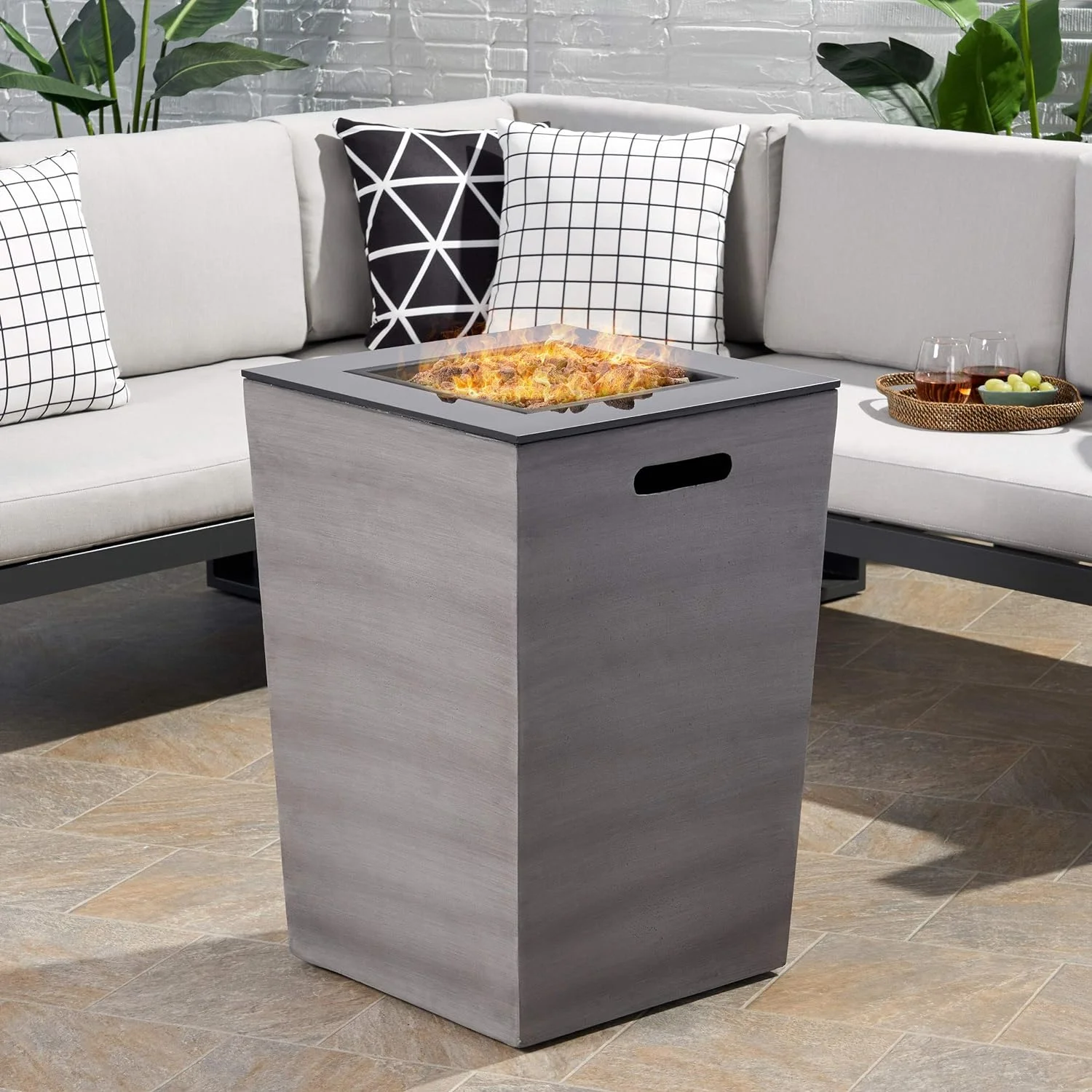 Megan Outdoor Modern 19.5-Inch Fire Column, Dark Gray And Gloss Black