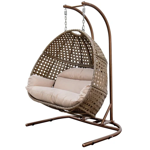 Buumin Brown Wicker Hanging Double-Seat Swing Chair with Stand w/Beige Cushion