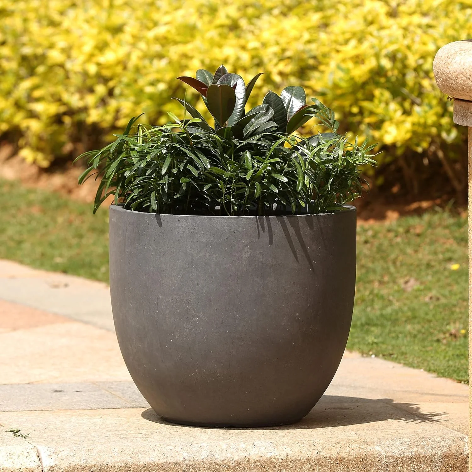 Round Gray Stone Planter, Flower Pots for Front Porch, Indoor Outdoor Use in Patio Living Room Garden Courtyard