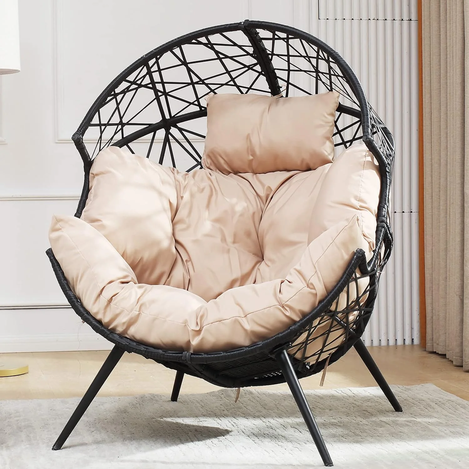 QYFZBIM Patio Wicker Egg Chair  Egg Basket Chair with Giant Cushion  Indoor Outdoor Patio Lounge Basket with Stand for Patio Backyard Porch Living Room  Beige