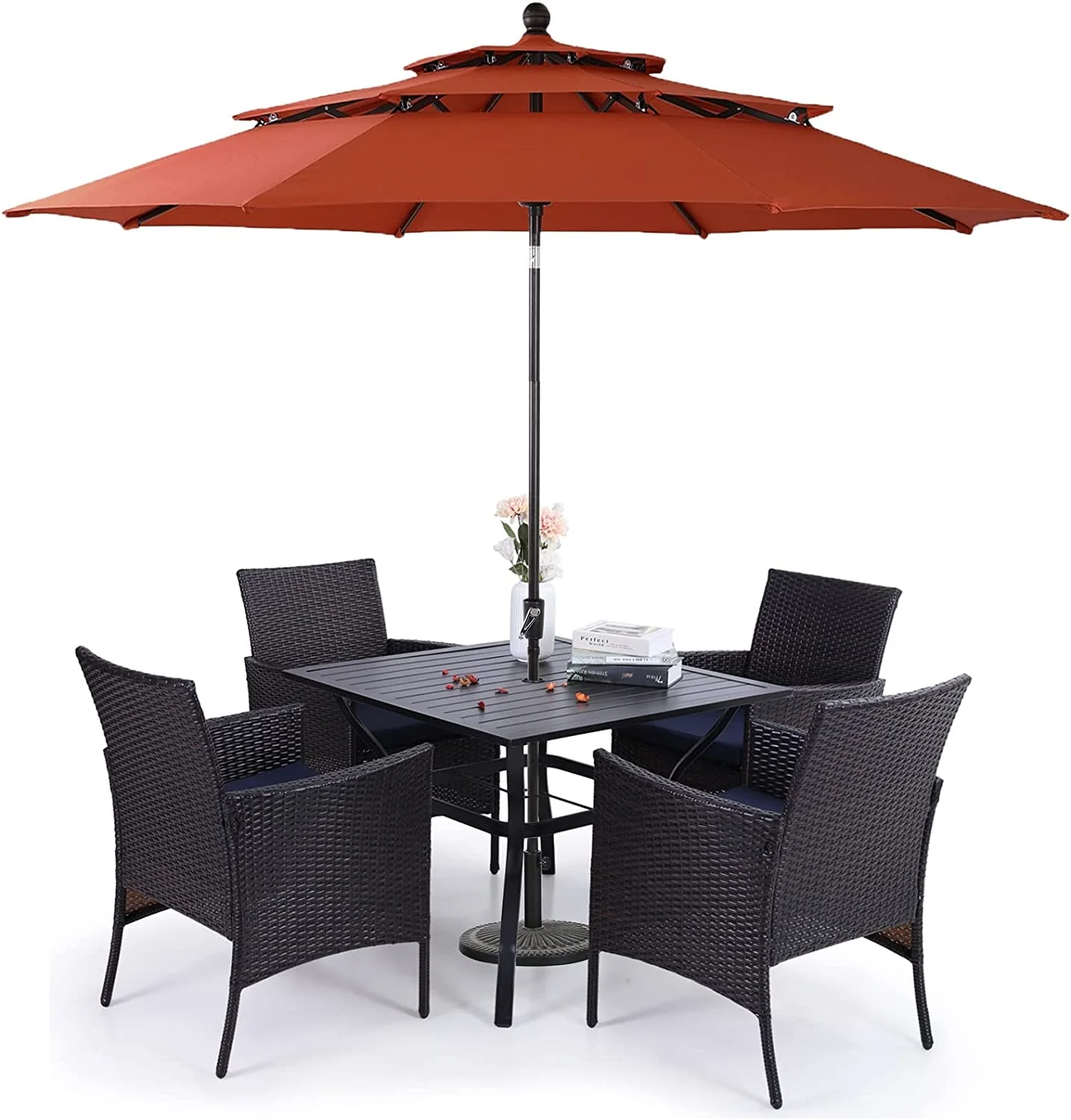 durable & William Outdoor 6 Pieces Dining Set with 4 Rattan Chairs  1 Metal Table and 1 10ft 3 Tier Auto-tilt Umbrella(No Base) Orange Red  Modern Patio Furniture for Poolside  Porch