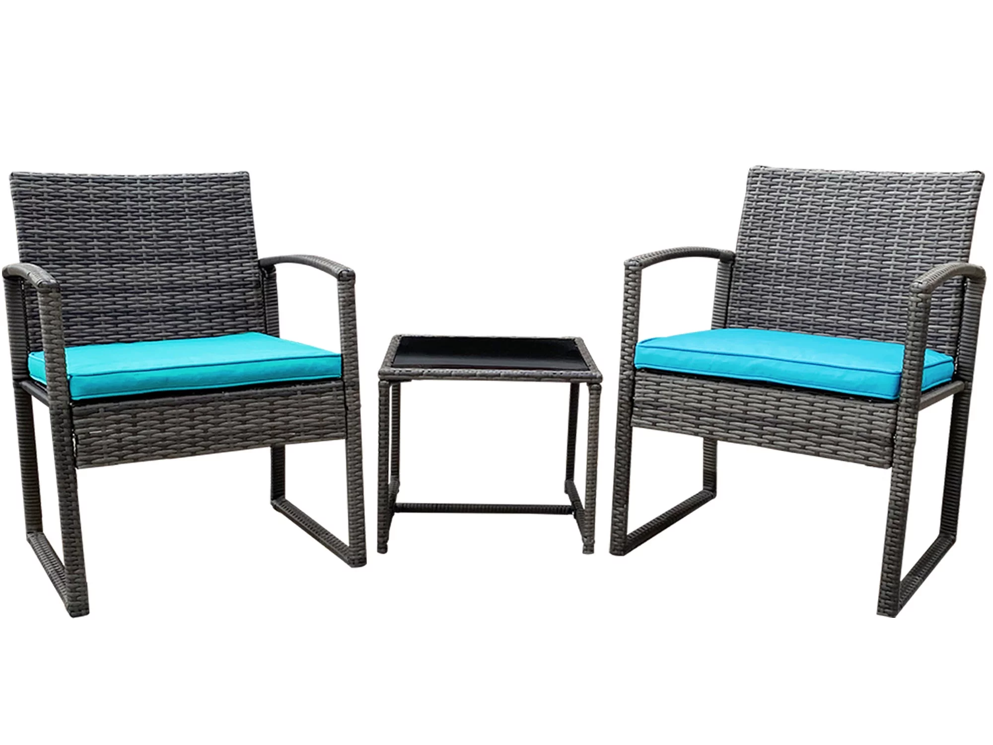 Grace 3-Piece Modern Rattan Patio Furniture Set -Two Plush Cushioned Chairs With Solid Glass Coffee Table - Light Blue