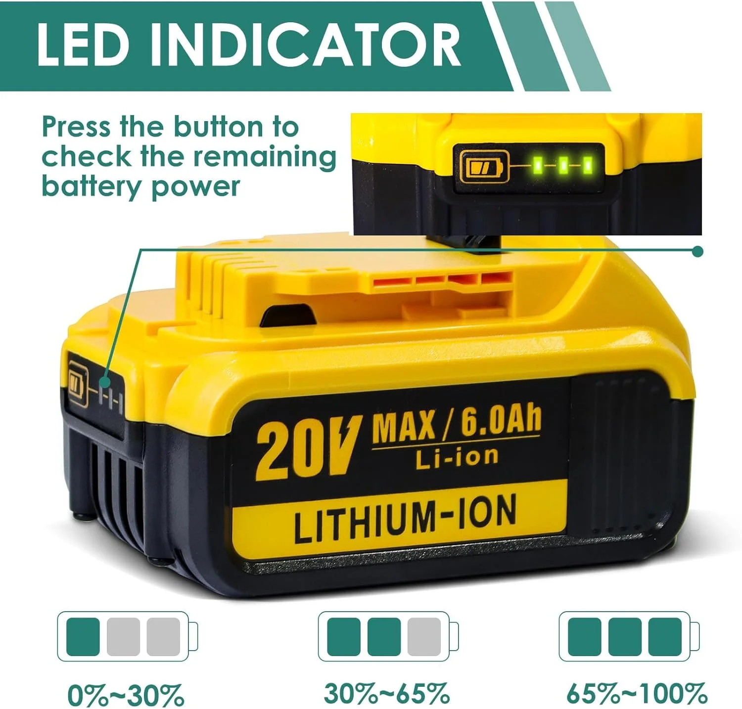 2PCS DCB200 6.0Ah 20V Lithium Battery Replacement for Dewalt 20V Battery Compatible with Dewalt Battery DCB180, DCB181, DCB182, DCB201, DCB201-2 Cordless Power Tools, Yellow