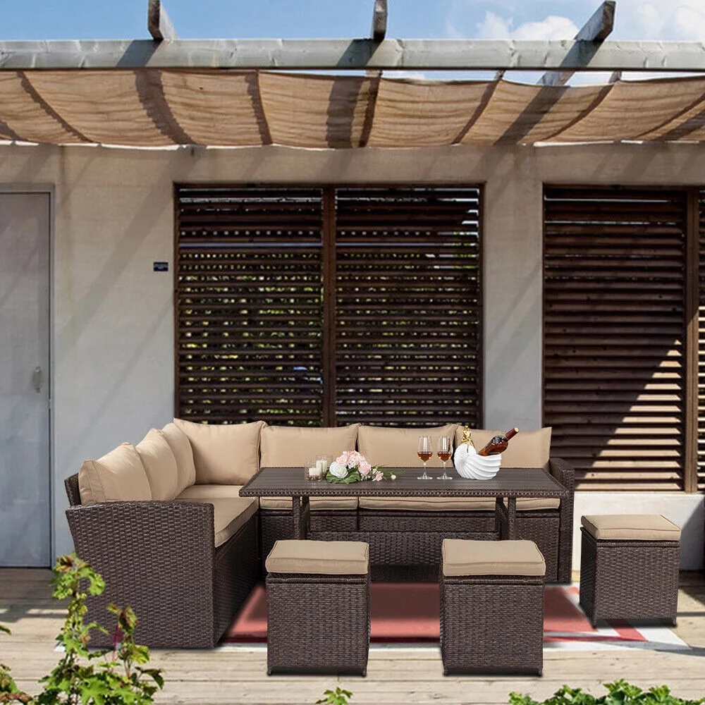 8PCS Patio Rattan Dining Set Cushioned Sofa Ottoman Table Yard Furniture