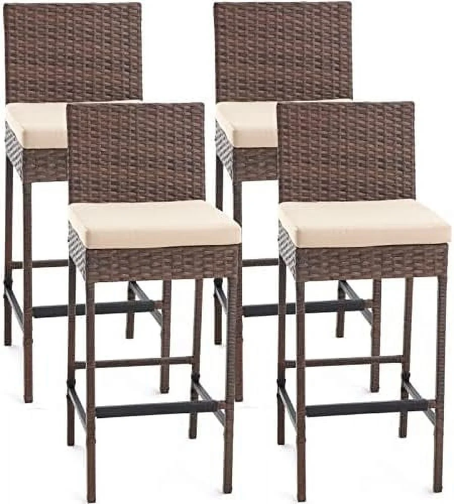 LNSETGC Height Chairs Set of 4  Outdoor Rattan  Stools Set with Cushion  Patio  Chairs Armless for Lawn  Balcony  Garden (Dark Black)