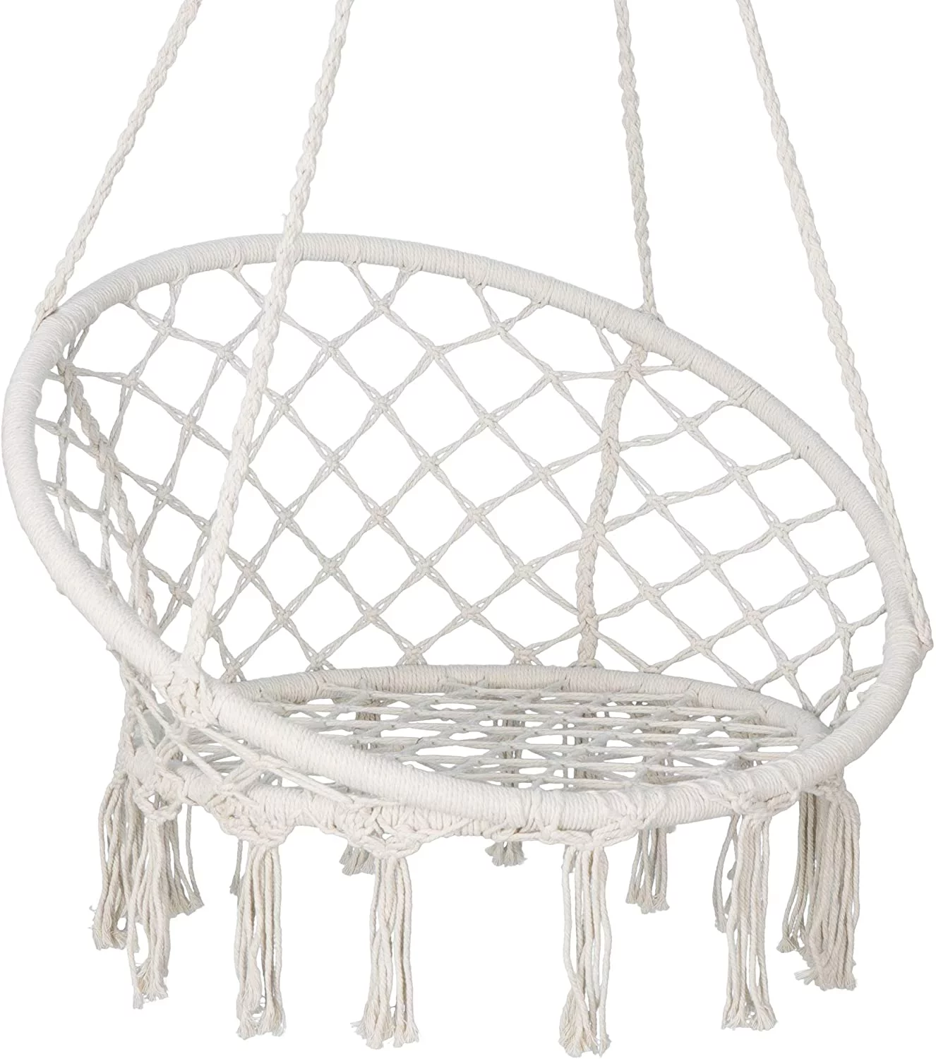 Hammock Chair Macrame Swing, Bohemian Style Round Hanging Chair, Handmade Knitted Cotton Rope Hammock Swing Chair for Indoor/Outdoor Home Bedroom Yard Garden Patio, Max 260Lbs, Beige