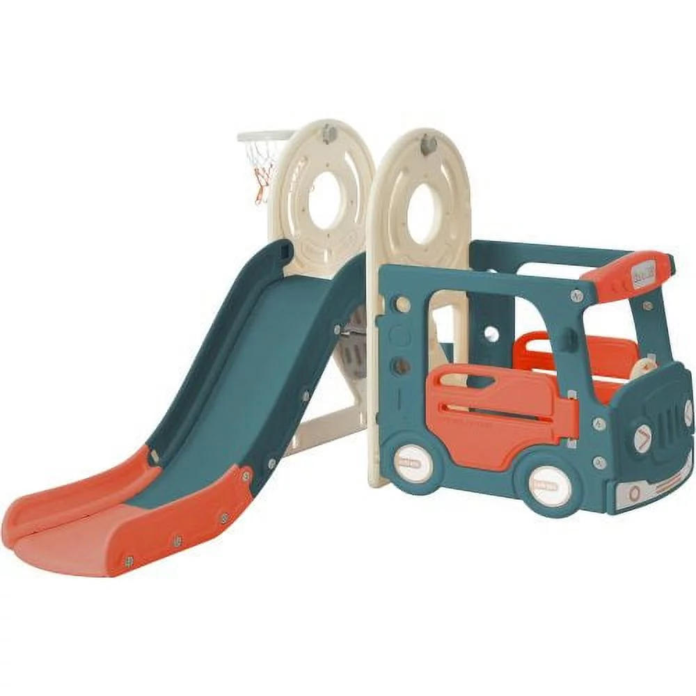 Kids Slide, ZPL 4 in 1 Slide Set for Toddler, Bus Playhouse Freestanding Baby Slide Playset with Basketball Hoop, Kids Slide with Bus Play Structure, Bus Slide Playset for Indoor and Outdoor, Red