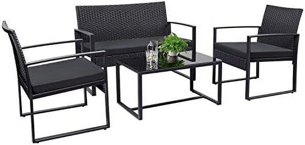 TJCGDTY 4 Pieces Patio  Set Outdoor Patio Conversation Sets Modern Porch  Lawn Chairs with Glass Coffee Table for Home Garden Backyard Balcony (Black)