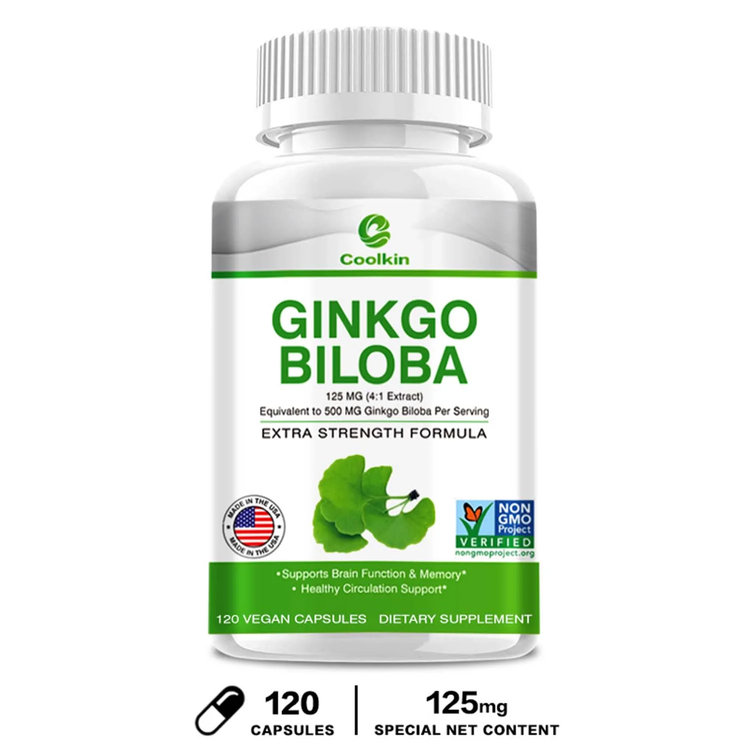Coolkin Ginkgo Biloba Capsules-Support Brain Function,Improve Memory,Enhance Cognition(30/60/120pcs)