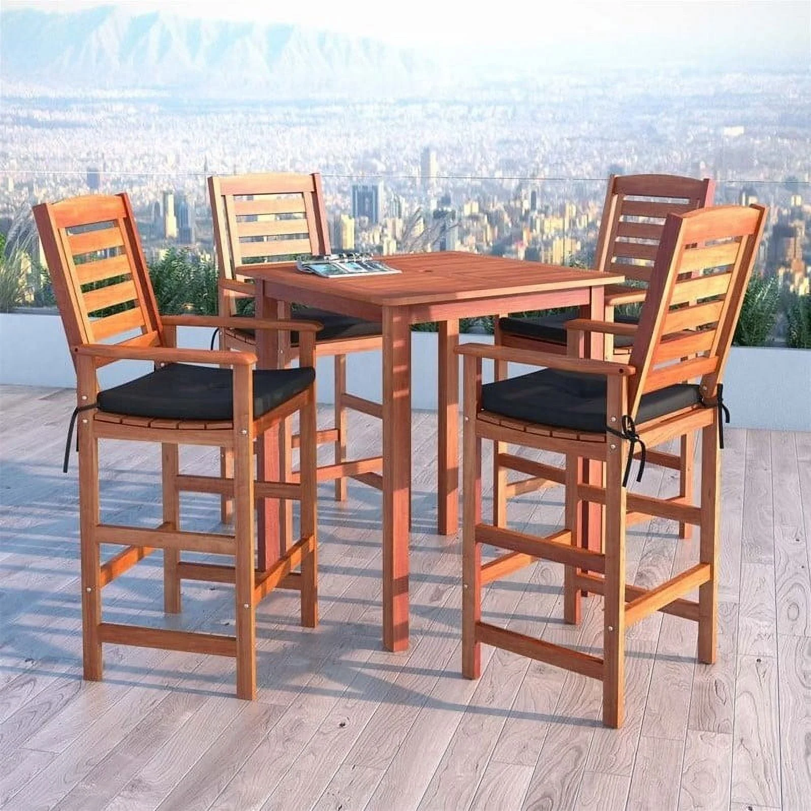 CorLiving 5pc Cinnamon Brown Hardwood Outdoor Bar Height Bistro Set