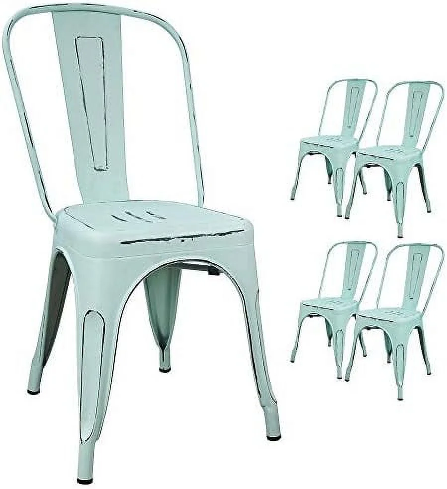 SJOLKMN Metal Indoor-Outdoor Chairs Distressed Style Kitchen Dining Chairs Stackable Side Chairs with Back Set of 4 (Silver)