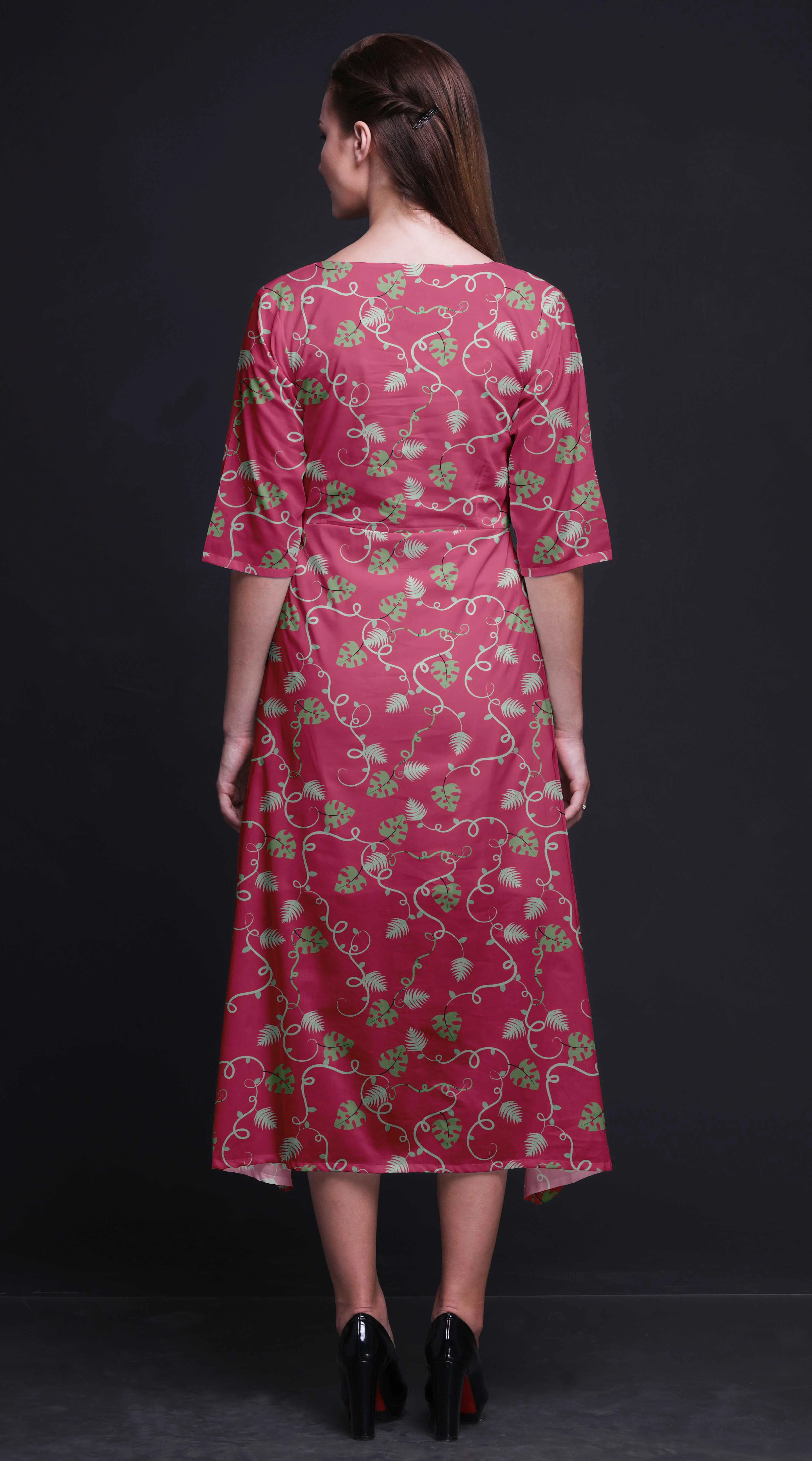 Bimba Cotton Pink Night Pine Leaves Printed Short Sleeve Classic MidiÂ&nbsp;DressÂ&nbsp;With Pockets Asymmetrical ShiftÂ&nbsp;Dress-Small