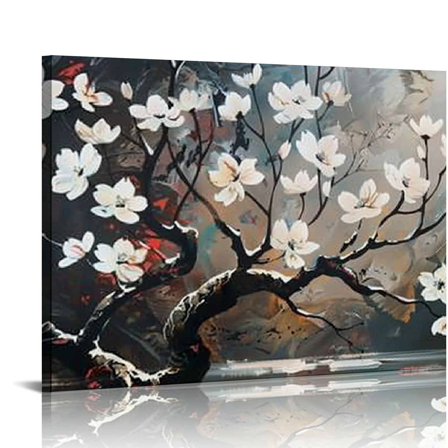 RUIYC Flowers Canvas Wall Art Plum Tree Blossom Canvas Prints Artwork Colorful 3D Textured Landscape Pictures Cherry Canvas Painting Floral Large Framed for Living Room Bedroom Bathroom  20x16in