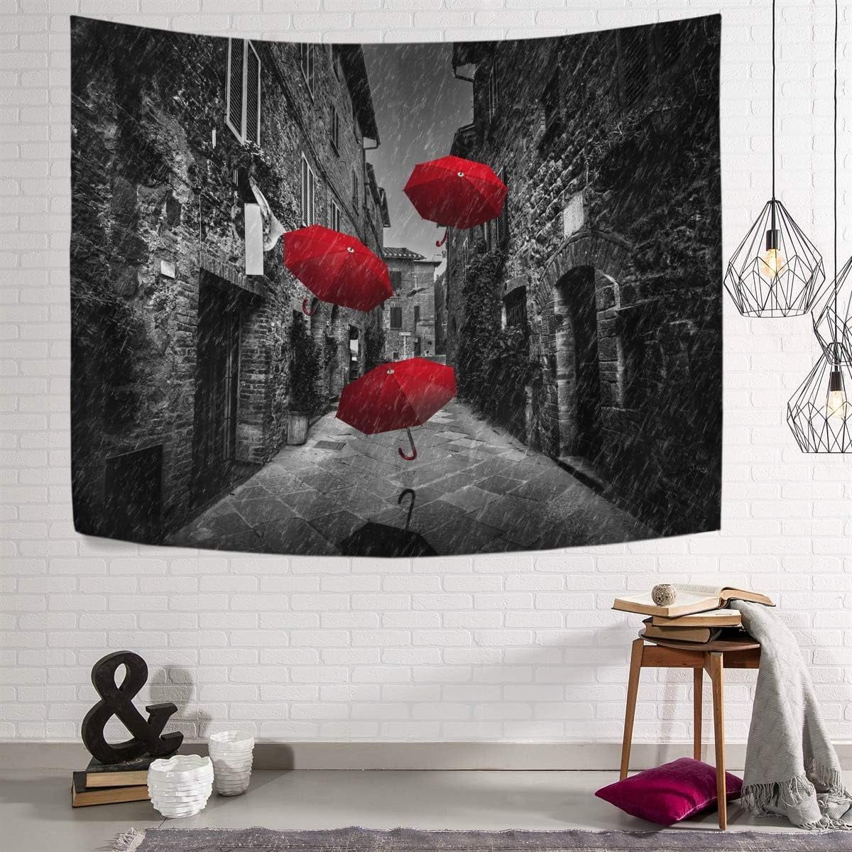 Bestwell Tapestry Wall Hanging Red Umbrellas with Rain an Old Italian Town Tapestry Polyester Tapestry Bright Wall Art Wall Blanket Wall Decor for Bedroom Living Room Dorm Decor（60 x 40 inch）