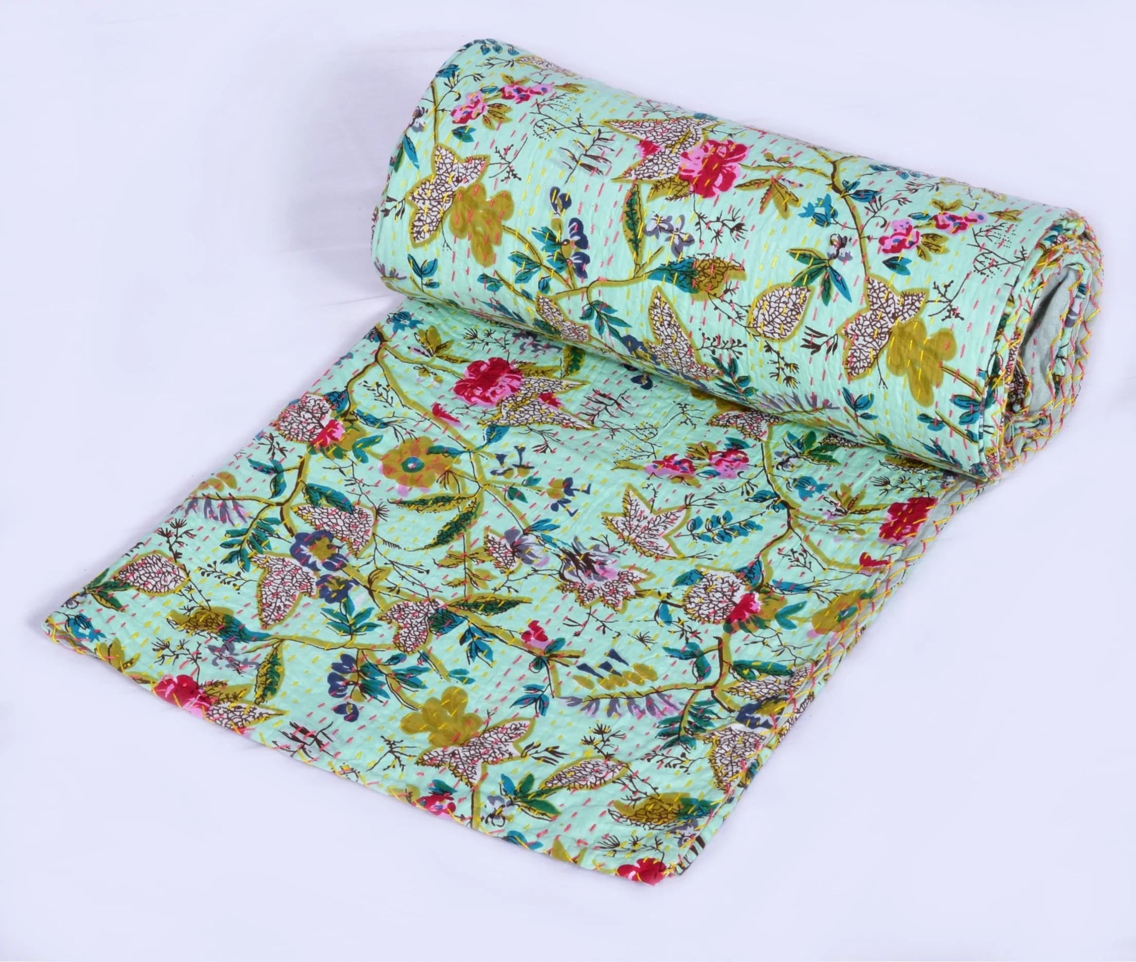 indian cotton kantha quilt Bedding throw sofa coverlet bedspread single size Handmade vintage paradise print blanket, 60 X 90 Inche