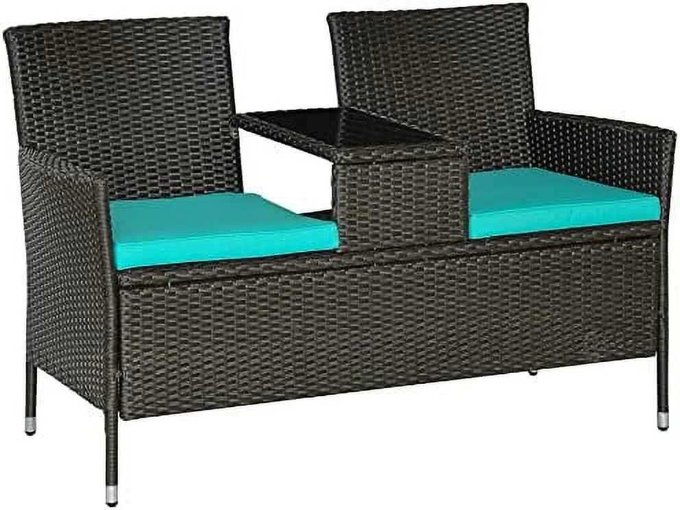 xrboomlife Outdoor Patio Loveseat Conversation  Set  Cushions & Built-in Coffee Table  Small 2-in-1 2 Person Seating for Front Porch  Balcony  Blue