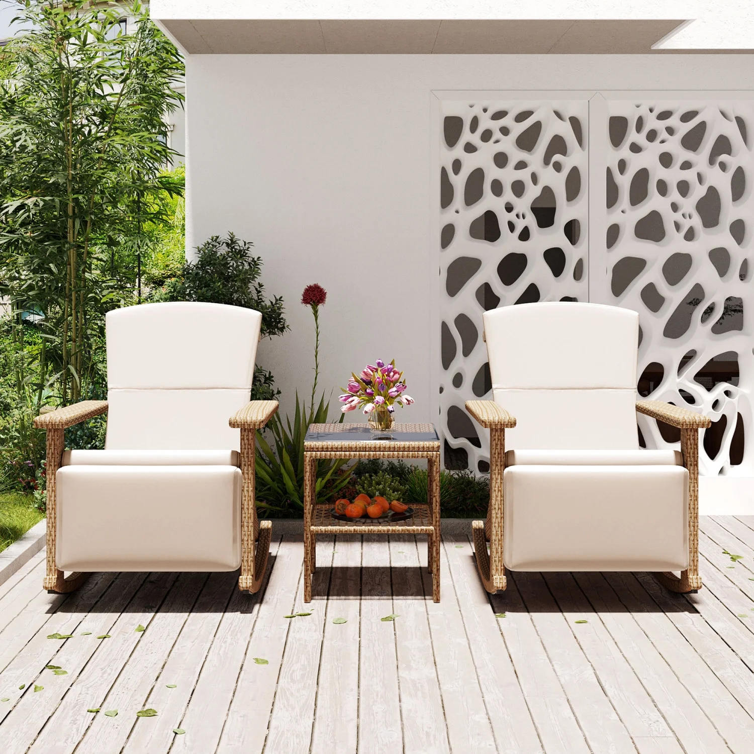 Adjustable and Stylish U_Style Outdoor Double Wicker Rocking Chair with Coffee Table for Garden  Backyard  or Poolside Relaxation.