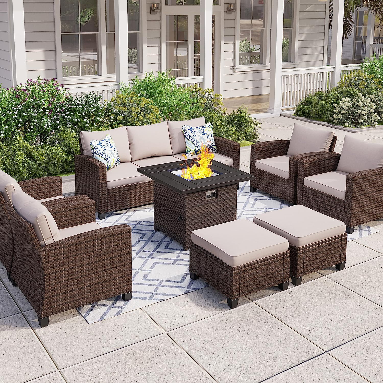 MIXPATIO 7 Pieces Outdoor Conversation Set for 9  Patio  Manual Weaving Wicker Outside Sectional Couch PE Rattan Couch with Beige Cushions for Porch Lawn Garden Backyard  Beige