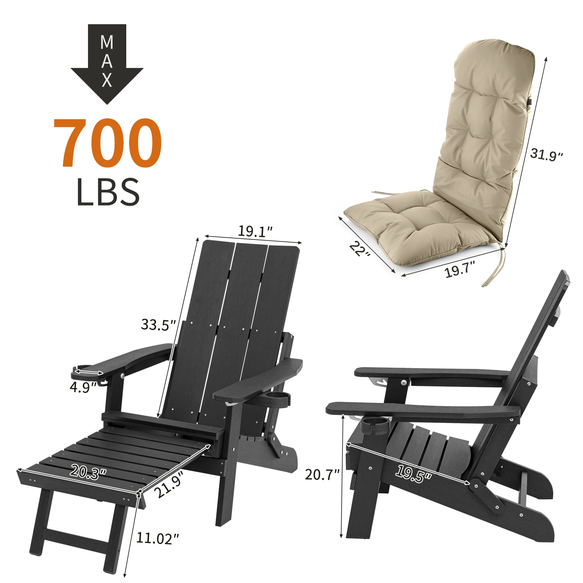 Innovaze Poly Lumber Plastic Folding Adirondack Chair with Cup Holders, Ottoman and Cushion, Heavy Duty 700 LBS, Black