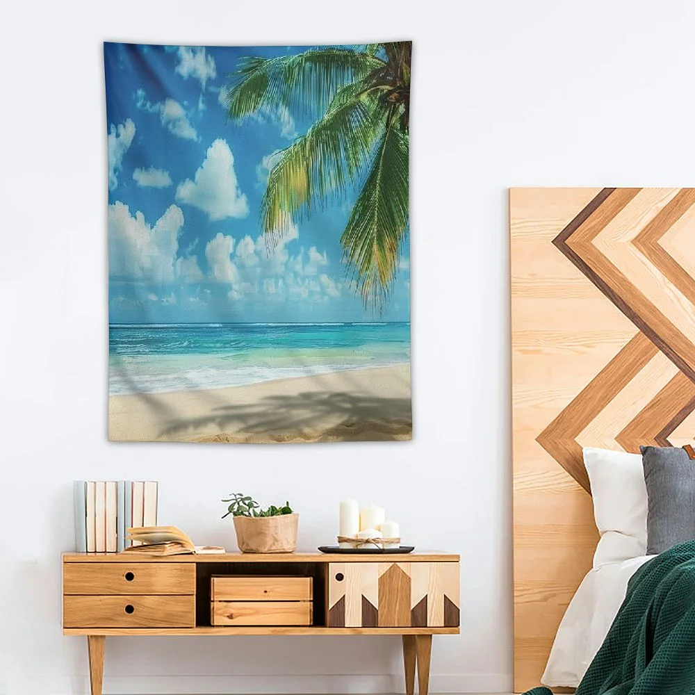 Cmefzd  Ocean Tapestry Queen Size, Palm Tree Leaves in the Tropical Sand Beach Sea Landscape Graphic Print, Wall Hanging Bedspread Bed Cover Wall Decor, Cream Green 30x40in