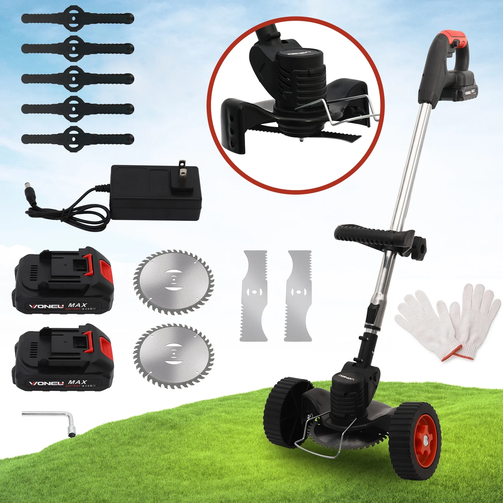 BAOKALER 24V Black Electric Weed Eater Lawn Edger Cordless Grass String Trimmer Cutter + 2 Batteries & 3 Types Blades