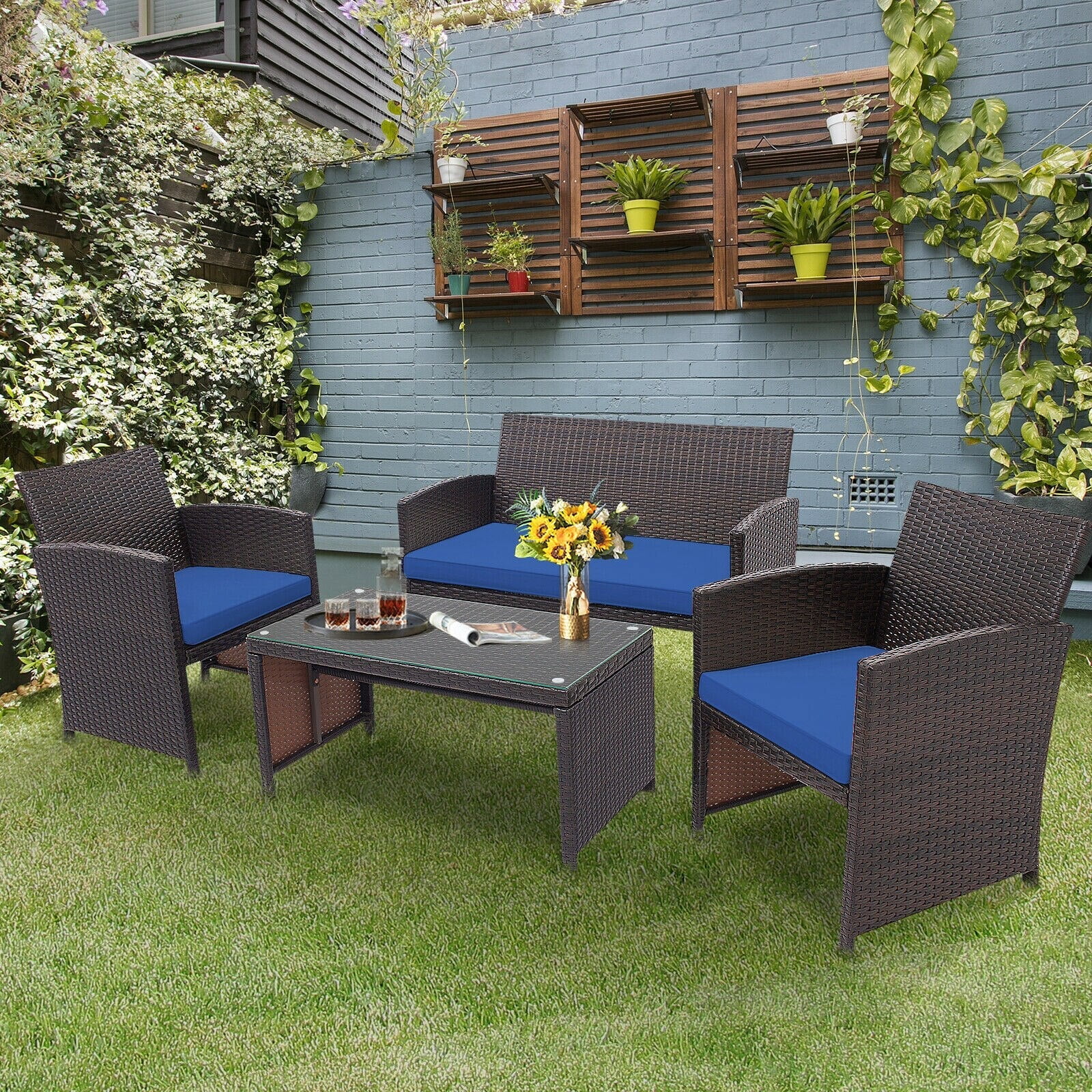 4PCS Patio Rattan Furniture Set Cushioned Chair Sofa Table
