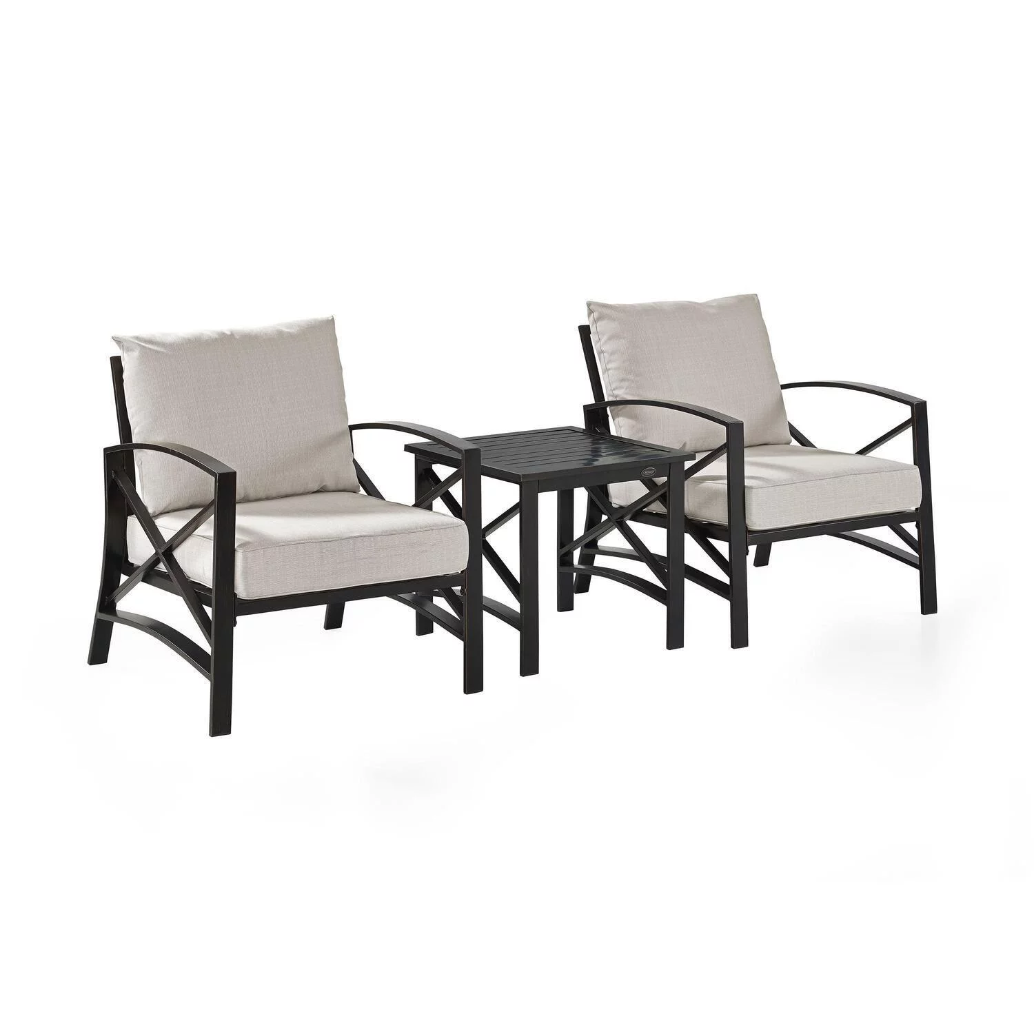 Maykoosh French Flair 3Pc Outdoor Metal Armchair Set Oatmeal/Oil Rubbed Bronze - Side Table & 2 Chairs