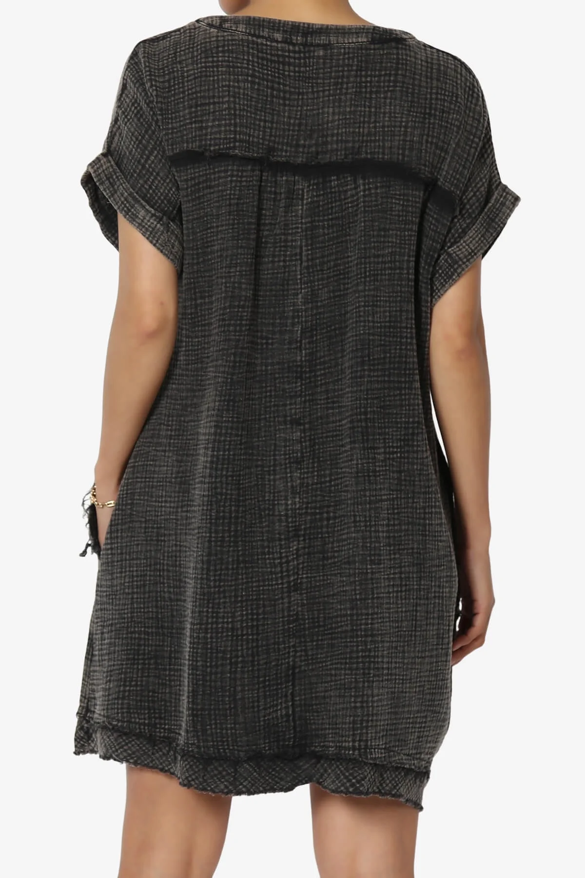 TheMogan Women's Casual Washed Gauze Short Sleeve V Neck Cotton Babydoll Loose Shift Mini Dress Ash Black L