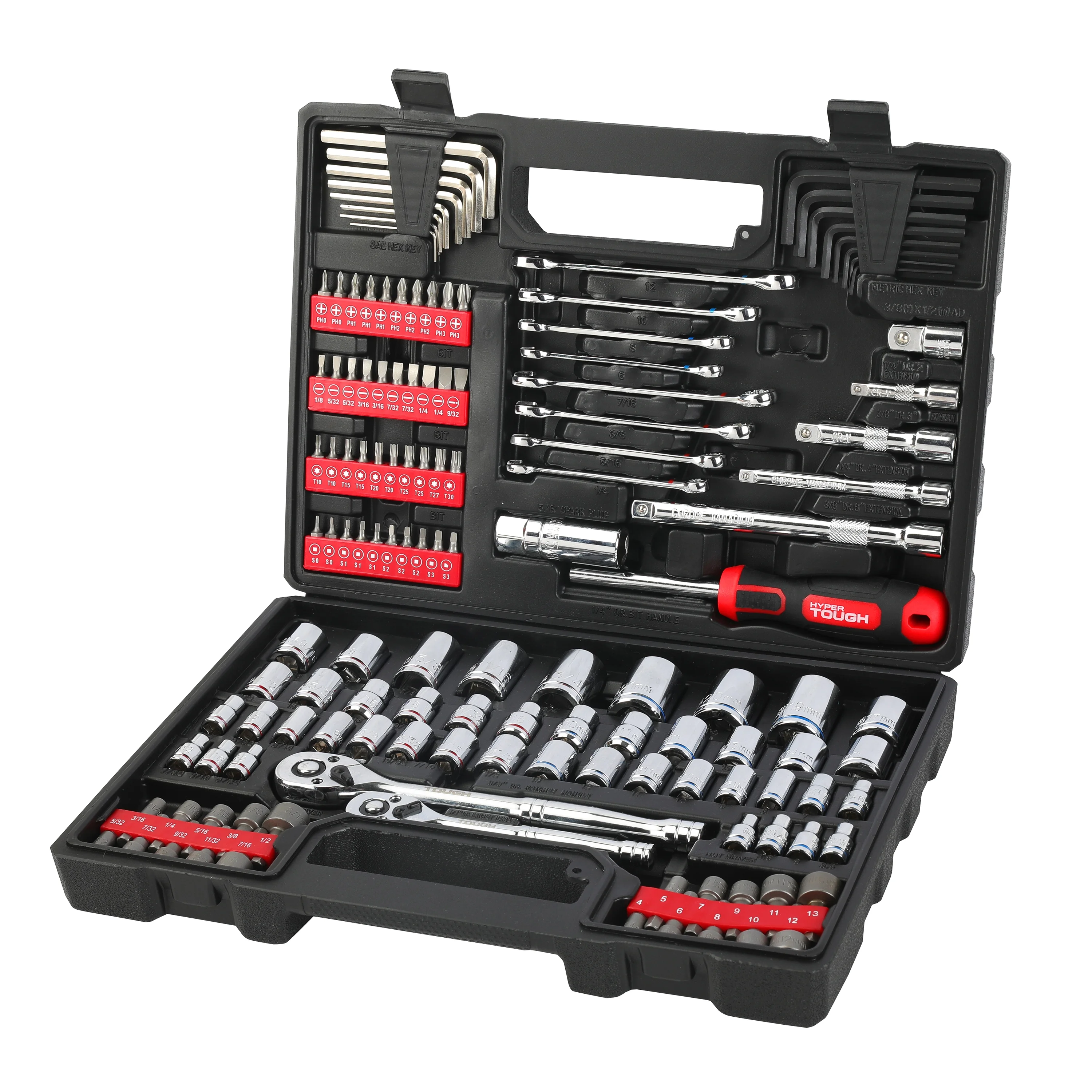 Hyper Tough 144-Piece 1/4, 3/8 and 1/2-inch Drive Mechanics Tool Set, Chrome Finish