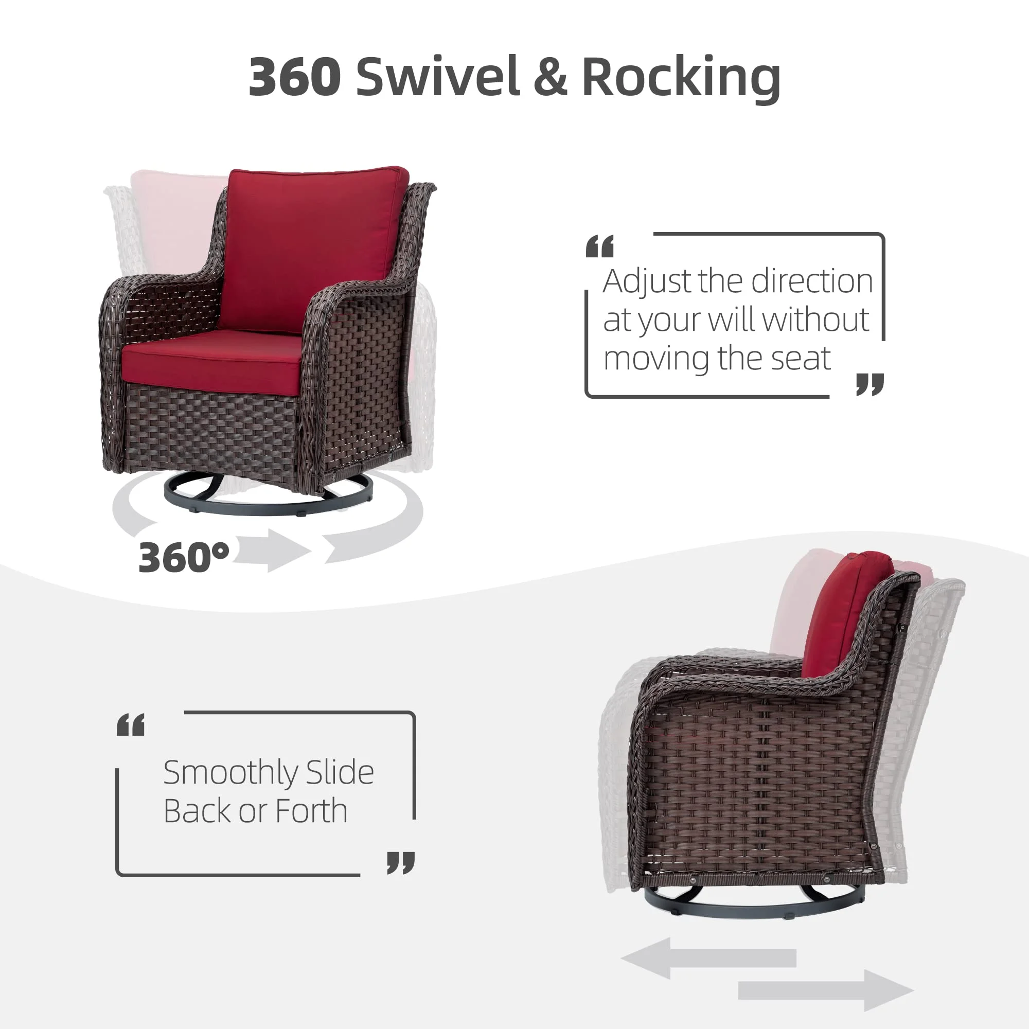 3 Pieces Outdoor Wicker Swivel Rocker Patio Set, 360 Degree Swivel Rocking Chairs Elegant Wicker Patio Bistro Set with Premuim Cushions and Armored Glass Top Side Table for Backyard (Rust)