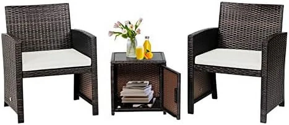 SJUIONG 3 Pieces Outdoor Wicker Conversation Set with Waterproof Cover  2 Patio PE Rattan Cushioned Chairs with Side  Table  Suitable for Front Porch  Balcony  Garden  Poolside and Yard (