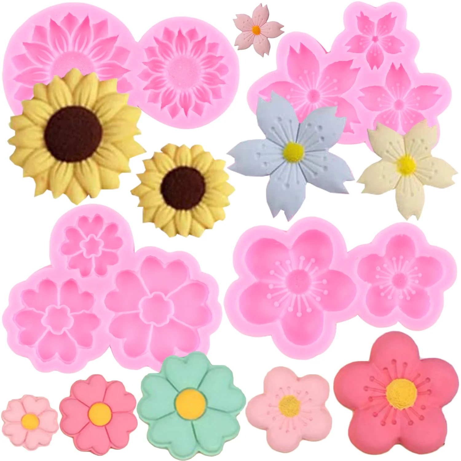 Mujiang Flower Silicone Molds Plum Blossoms Cherry Blossoms Chrysanthemums Fondant Molds Candy Chocolate Mold For Cake Decoration Polymer Clay Soap Crafting Cake Decoration Set Of 4