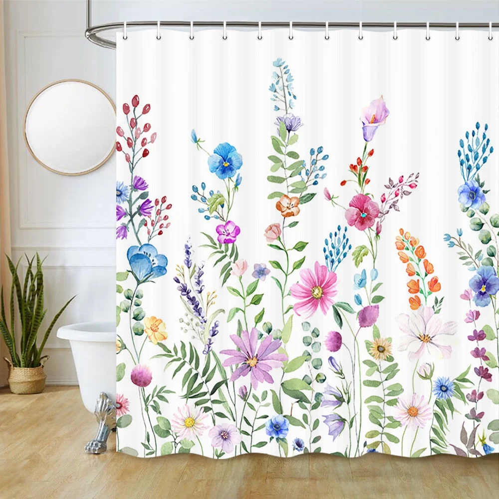 Floral Fabric Shower Curtain, Watercolor Flower Shower Curtain for Bathroom, Botanical Flower Plant Herbs Bathroom Shower Curtain with Hooks 69 x 70 Inch