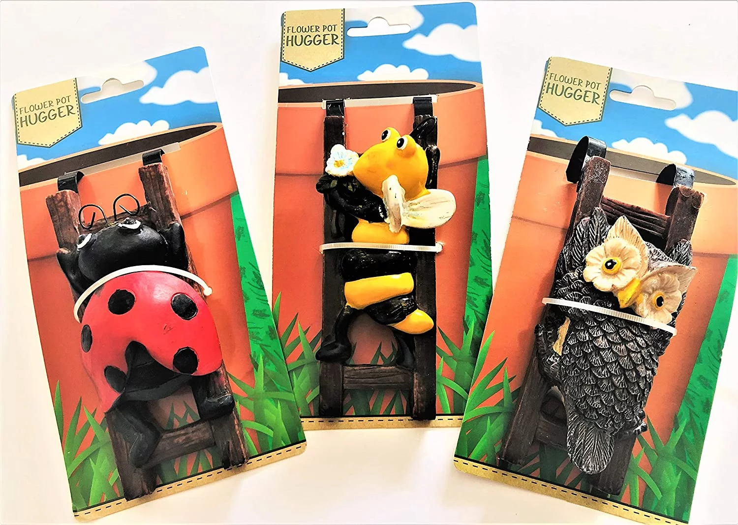Flower Pot Hugger Bumble Bee, Owl, Lady Bug Set of 3 - Get All The Fun Collections of Pot Pal Climbers - Yard Decor - Hanging Planter Decorations - Patio Decor