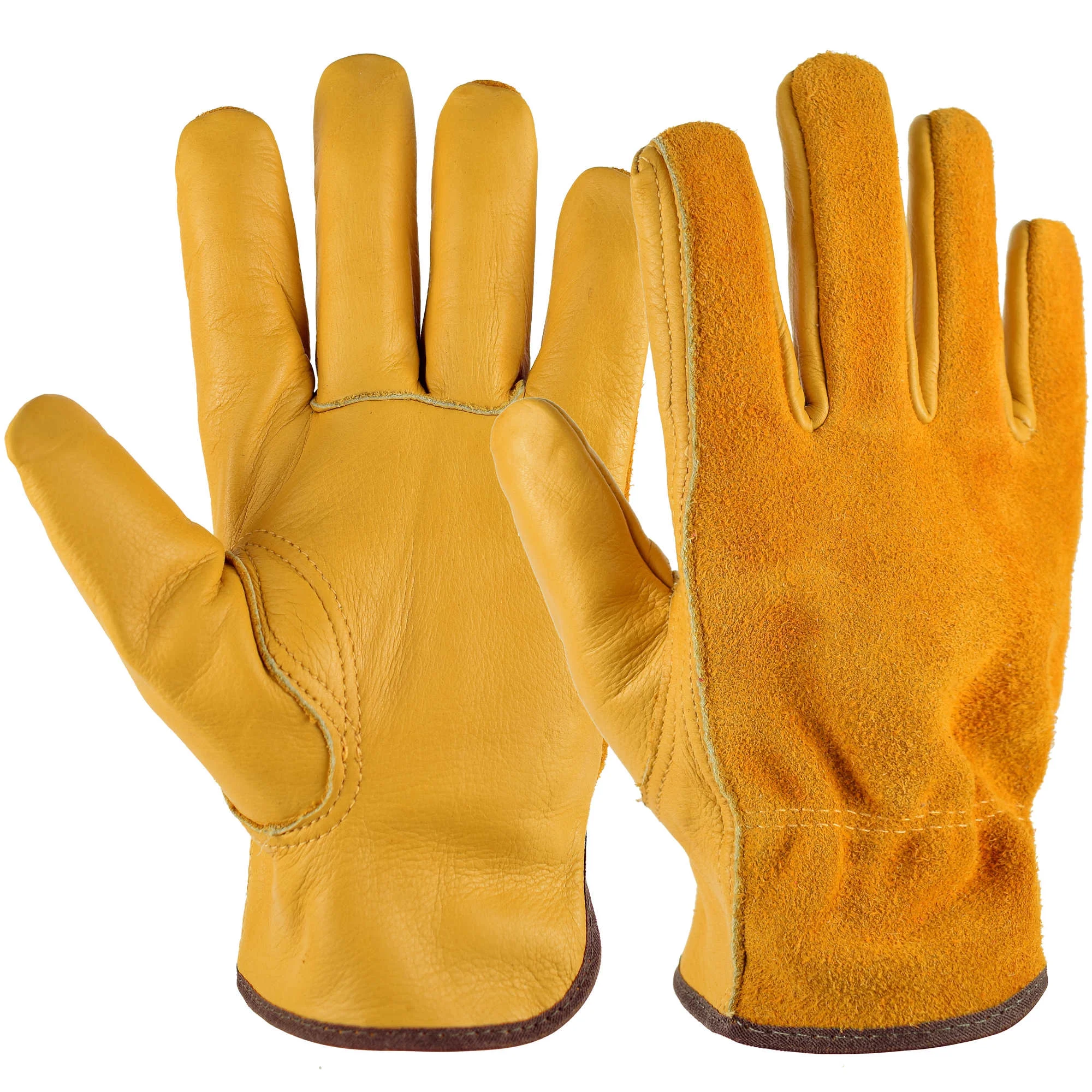 Gardening Gloves with Waterproof Sleeves, Cowhide Leather Work Gloves for Men Women, Gold L