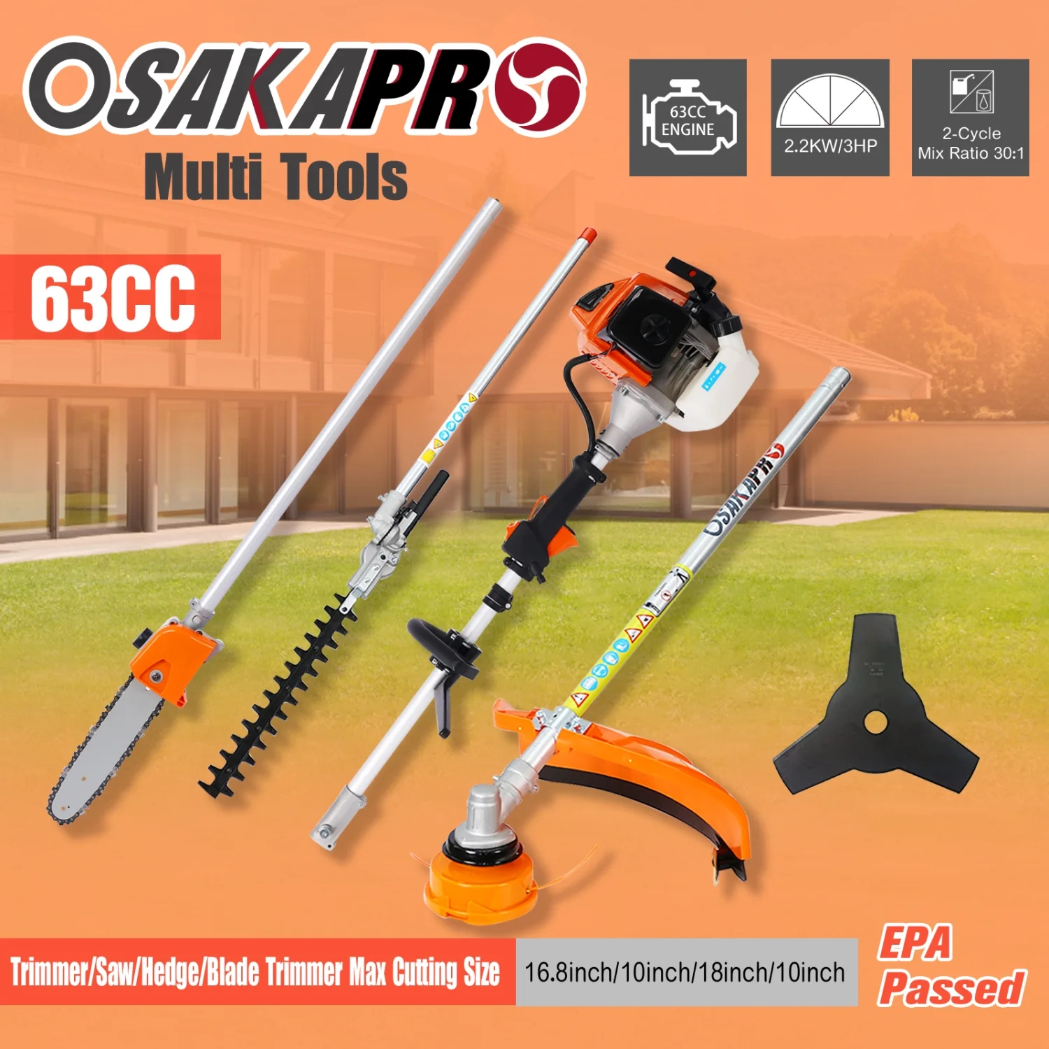 4 in 1 Multi-Functional Trimming Tool  63CC 2-Cycle Garden Tool System with Gas Pole Saw  Hedge Trimmer  Grass Trimmer  and Brush Cutter EPA Compliant
