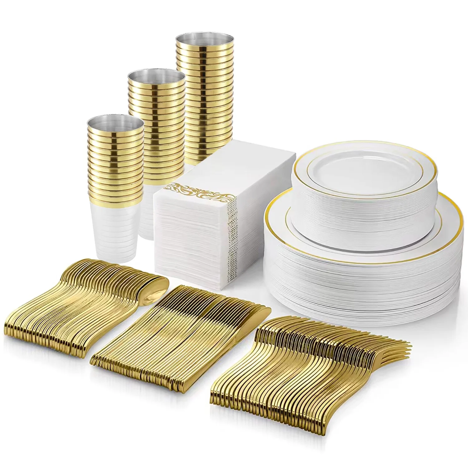 TINANA Plastic Plates for Party, 350 Piece Disposable Plates for 50 Guests,Include: 50 Gold Rim Dinner Plates, 50 salad Plates, 50 Paper Napkins, 50 Cups, 50 Spoons, 50 Forks, 50 Knives