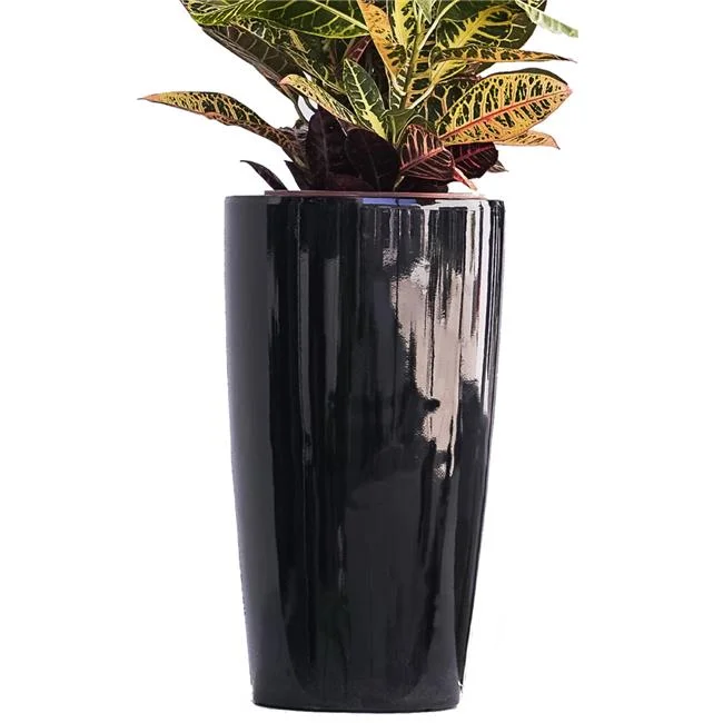 21' H Black Plastic Self Watering Indoor Outdoor Tall Round Planter Pot w/Glossy Finish, Decorative Gardening Pot, Home Dcor Accent