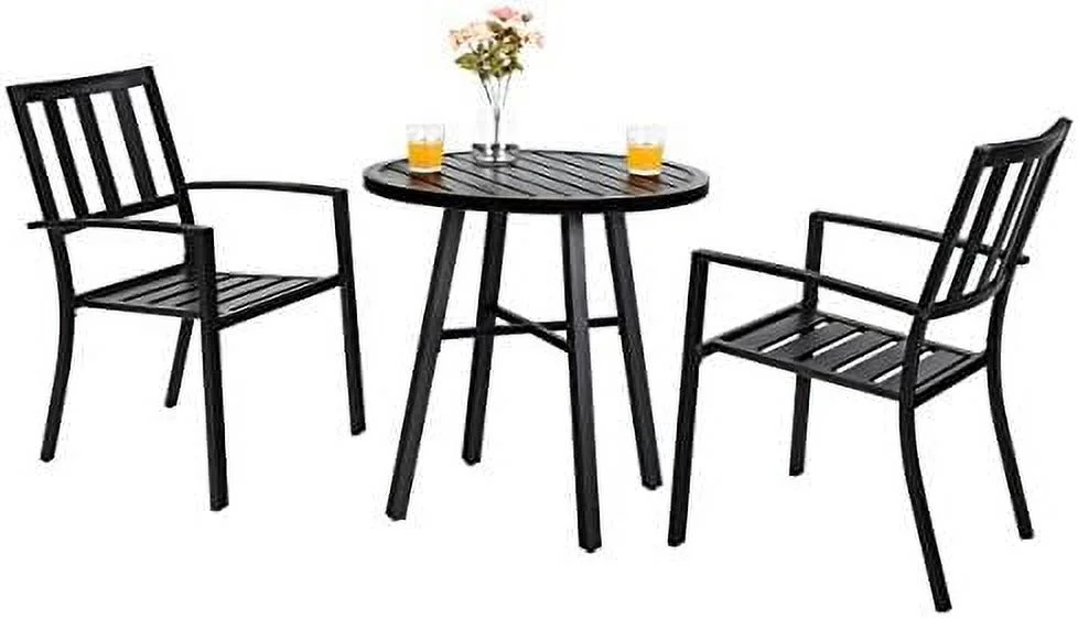 HBLUKDL 3 Piece Outdoor Patio Bistro Dining Set  Slatted Metal Round Table & 2 Patio Chairs  Outdoor  Set for Porch  Deck