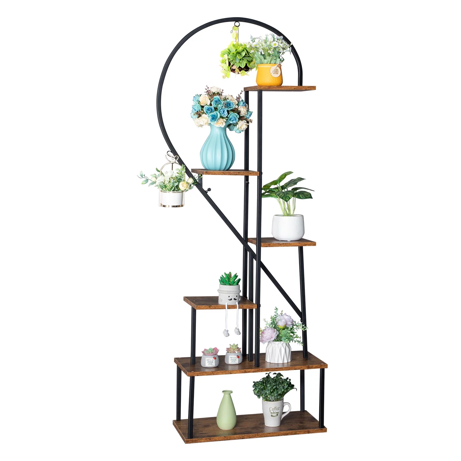 Versatile Garden Accessory - 6 Layers Half Heart Iron Wood Plant Stand Flower Pot Stand, Ideal for Garden, Balcony, Patio, and Home Decoration