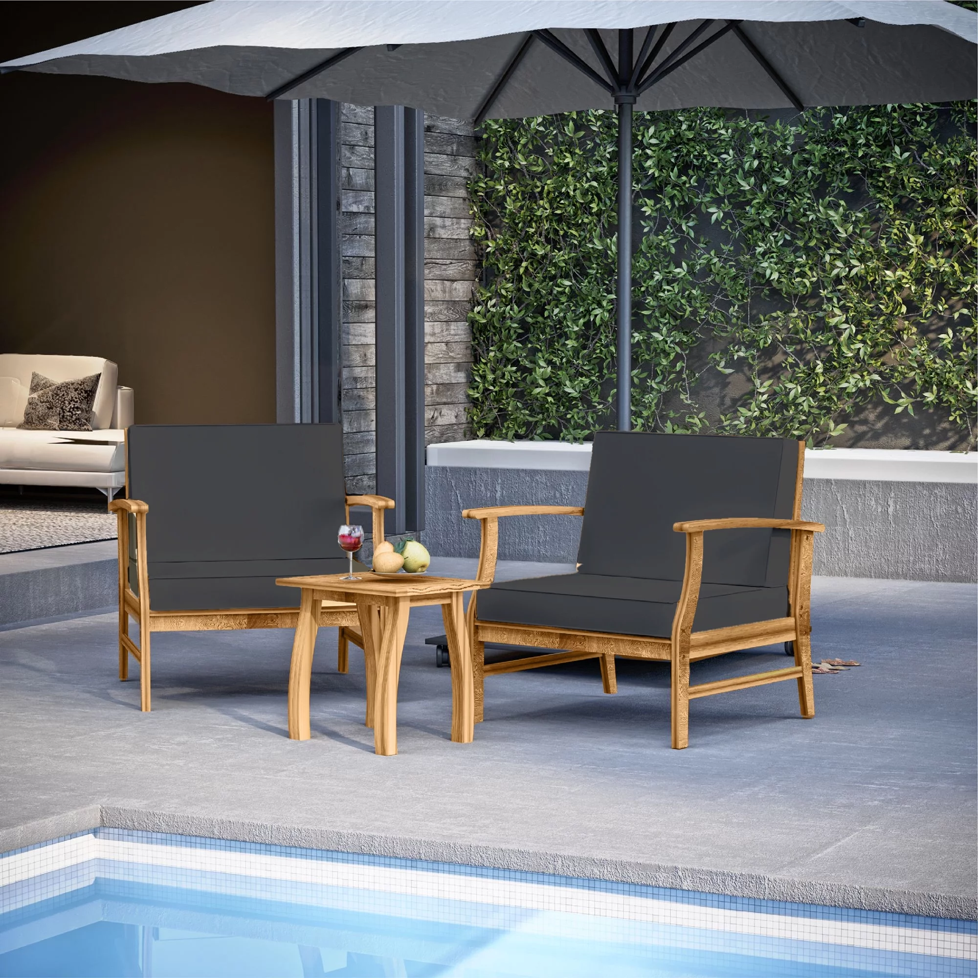 Hearth & Harbor 3 Piece Outdoor Furniture Acacia Wood Patio Bistro Set, Gray Cushions