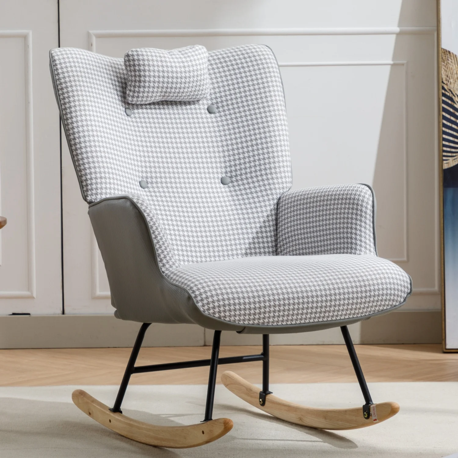 Light grey Comfy 35.5 inch Soft Houndstooth Fabric Leather Rocking Chair for Nursery  Wingback Glider Rocker with Safe Solid Wood Base  Ideal for Living Room Bedroom Balcony