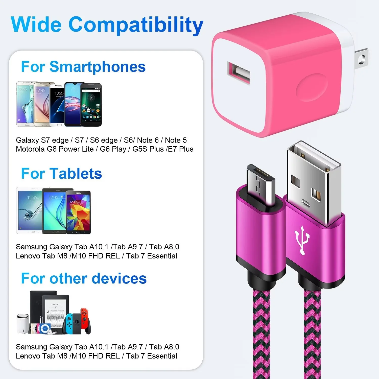 USB Charger Block,FiveBox 1pc 1A USB Wall Charger Block with 1pc USB A to Micro USB Cable 6ft Android Charger Cable USB Charging Cable USB Brick Phone Charger Box USB Plug Fast Charging Block,Rose