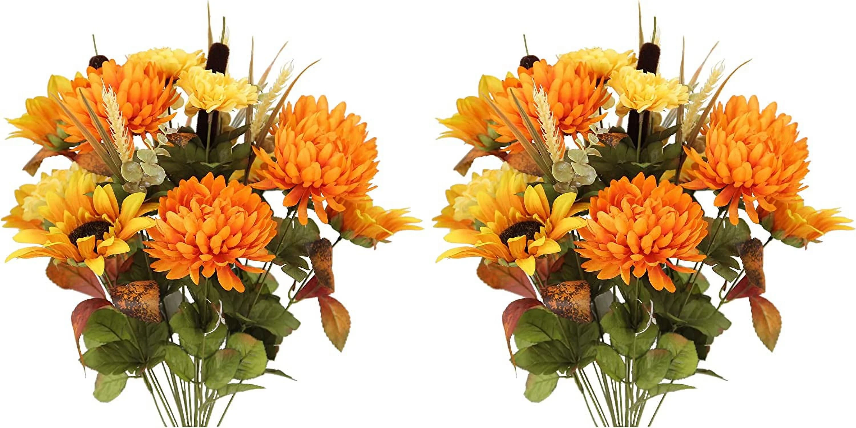 18 Stems Artificial Mums Sunflowers Zinna Silk Flowers Bush Foliage Cemetery Flowers For Grave Home Wedding Thanksgiving Fall Floral Arrangements Décor, Gold/Orange Mix, Set Of 2