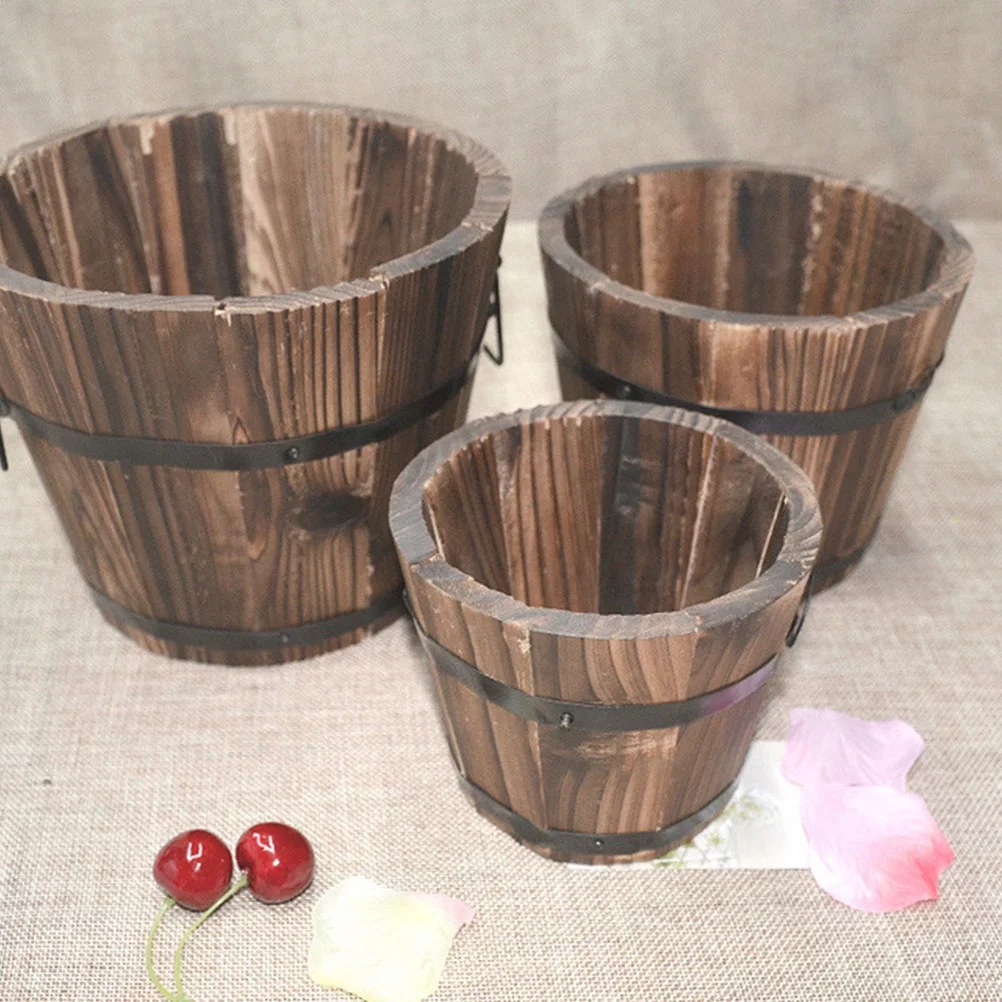 Wooden Flower Bucket Decorative Rustic Flower Pot Succulents Planter for Garden